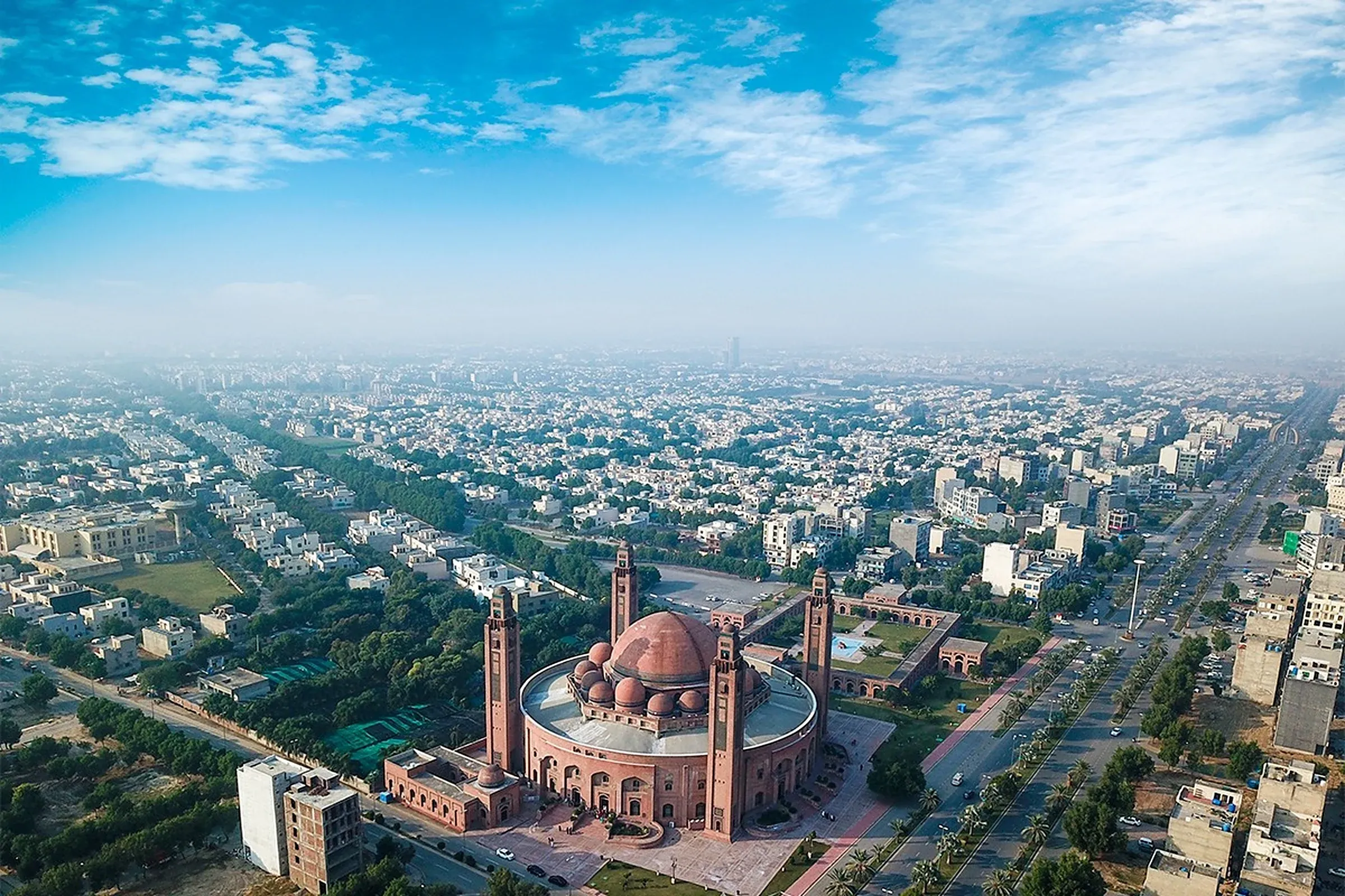 Aerial view of the Grand Jamia Mosque and Bahria Town Lahore