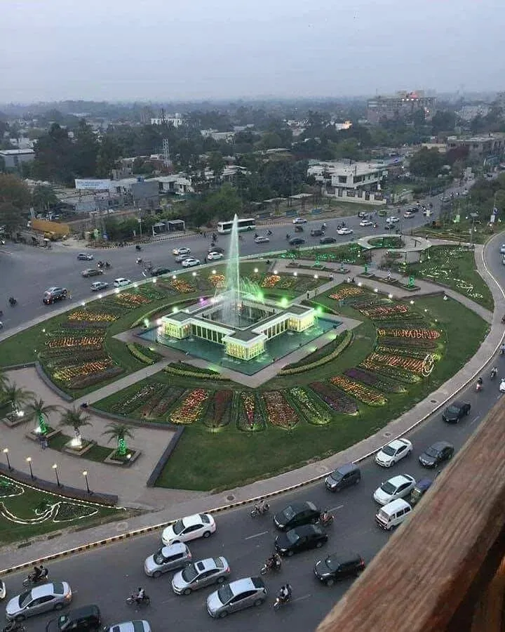 Landscaped roundabout and fountain in Lahore from above