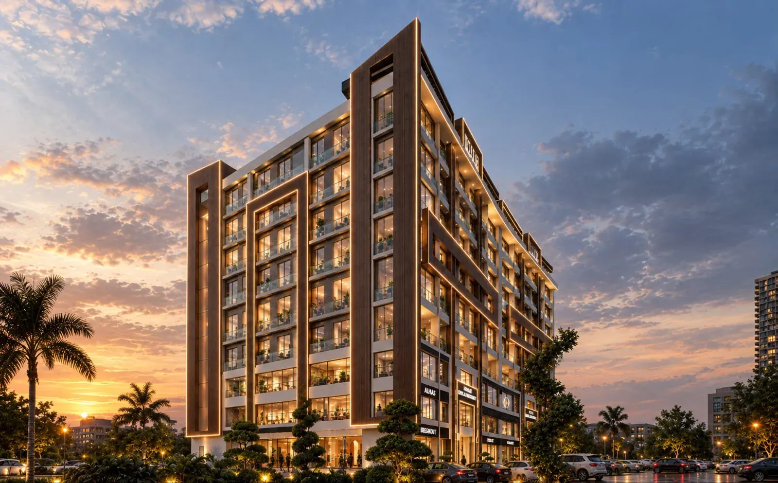 Madina Mall & Residency front elevation at dusk