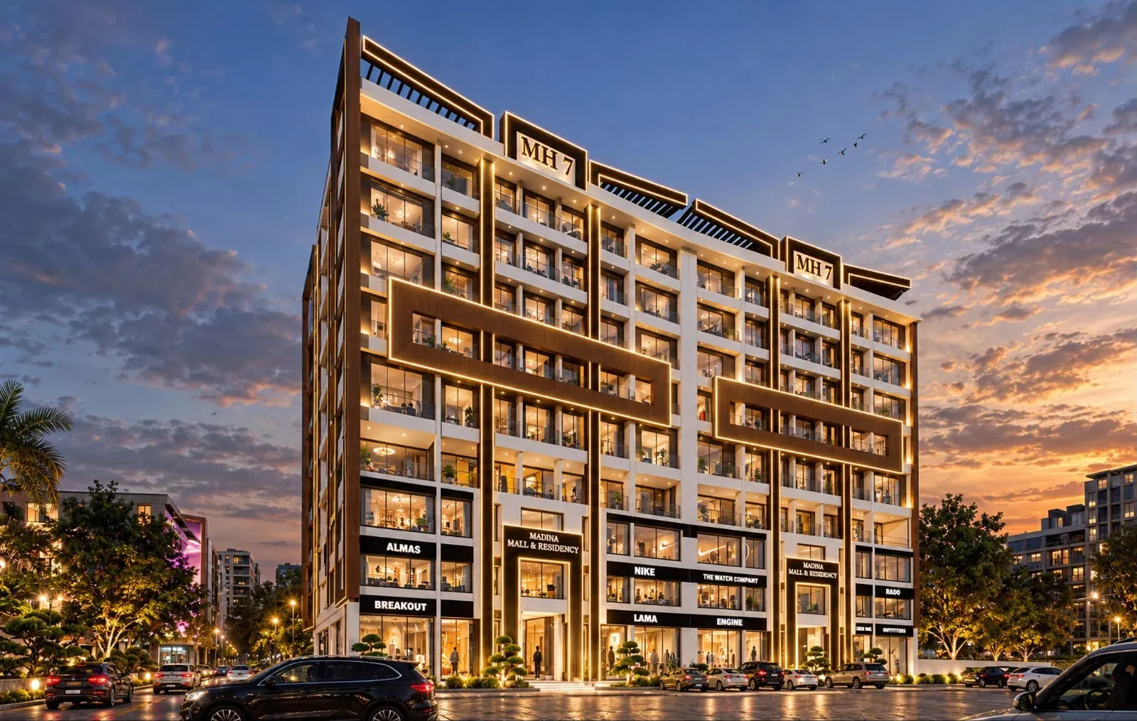 Madina Mall & Residency front elevation, evening view