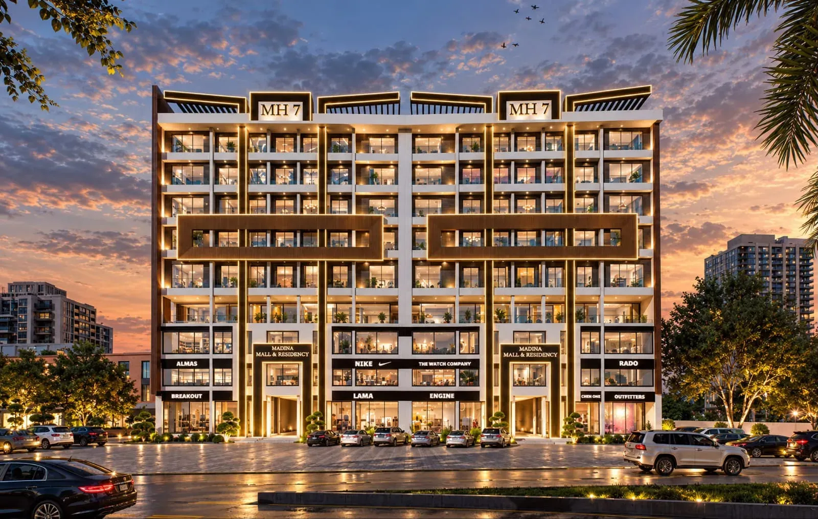 Madina Mall & Residency front elevation and car park, evening