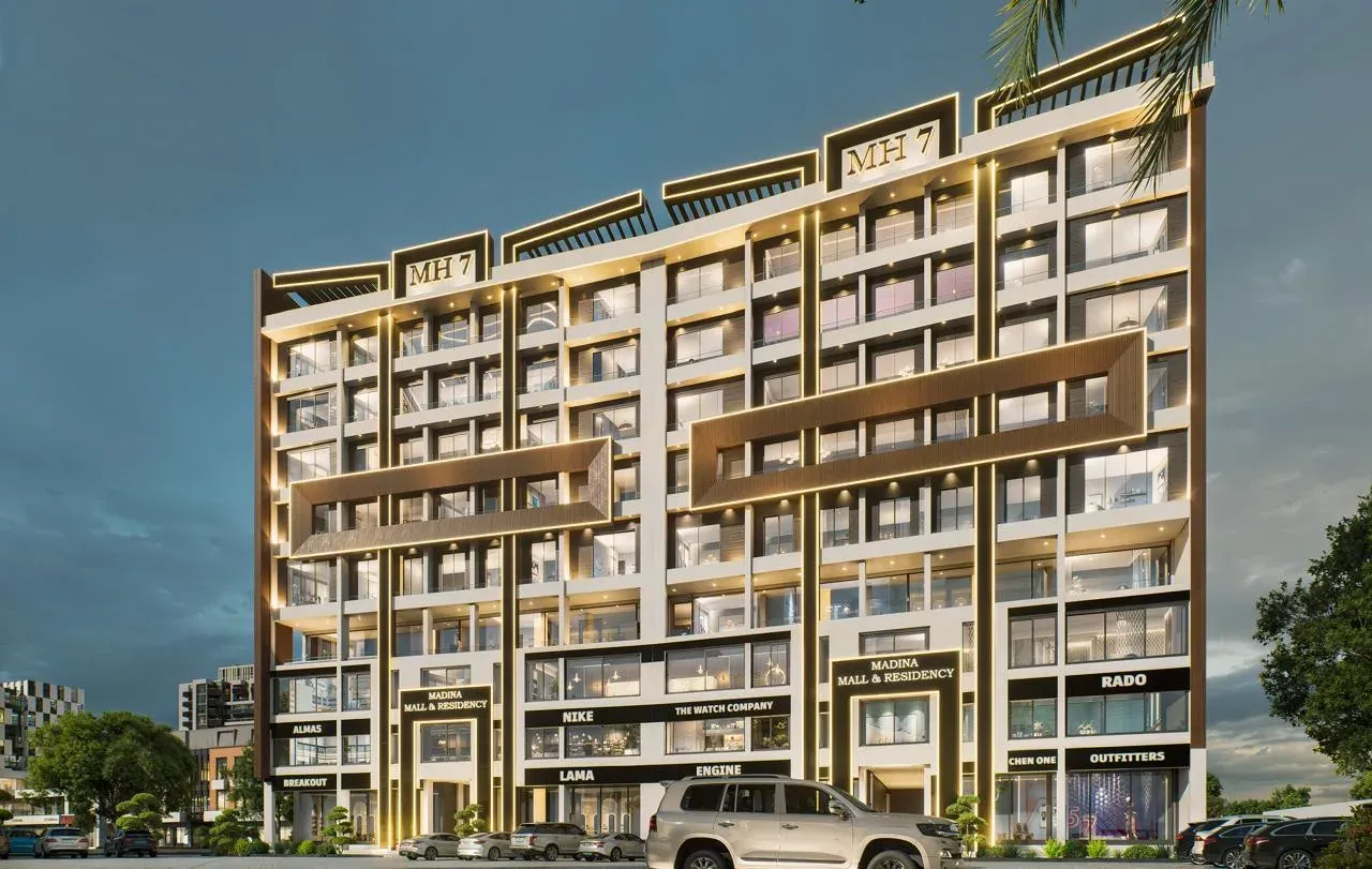 Madina Mall & Residency front elevation and car park, daytime